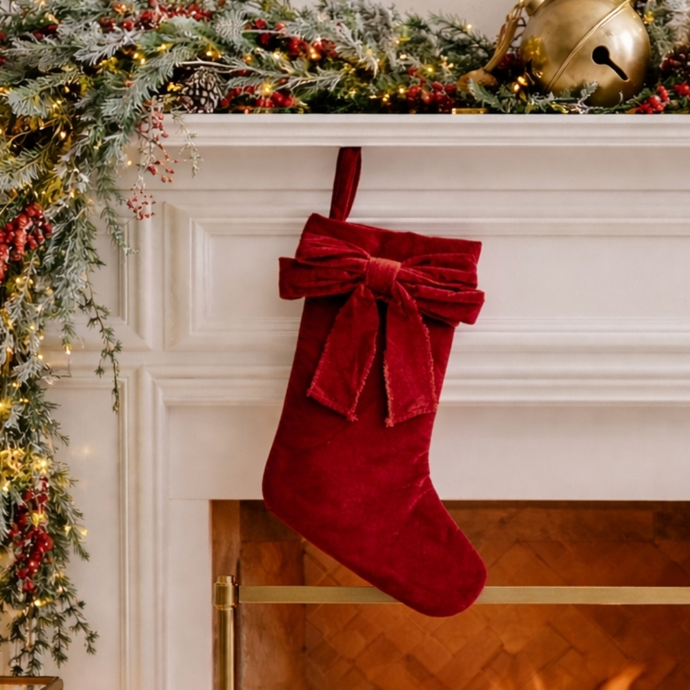 Pottery Barn Classic Velvet Christmas Stocking Red Bow Holiday Mantel Decor 20"